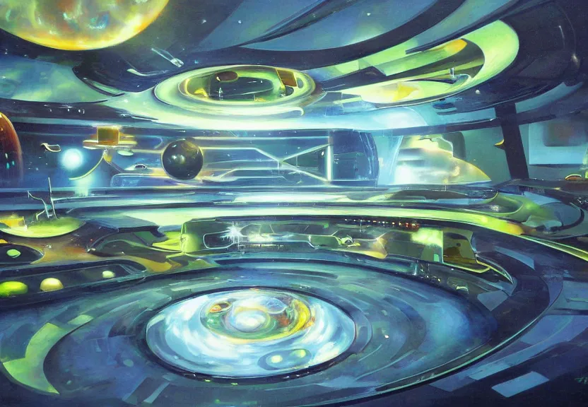 Prompt: ! dream an oil panting of a futuristic space in the metaverse designed by frank gehru