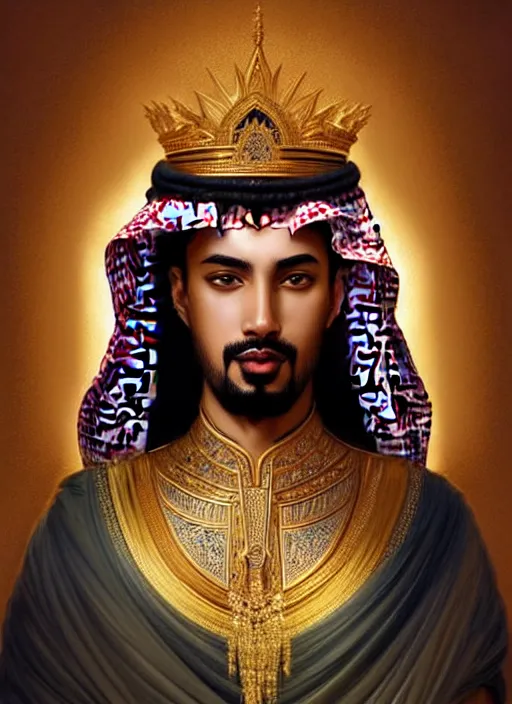 Image similar to portrait of king of saudi arabia, intricate, elegant, highly detailed, my rendition, digital painting, artstation, concept art, smooth, sharp focus, art by artgerm and greg rutkowski and alphonse mucha and uang guangjian and gil elvgren and sachin teng, symmetry!!