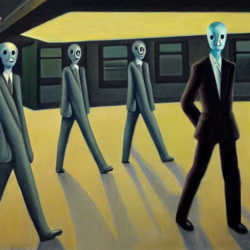 Image similar to slenderman, lurking in the shadows, mind control, dystopian, pj crook, edward hopper, oil on canvas