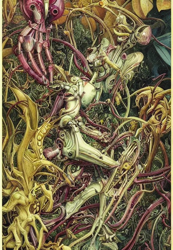 Image similar to simplicity, simple, elegant, colorful muscular robot, botany, orchids, radiating, mandala, psychedelic, garden environment, dappled sun, wolf skulls, by h. r. giger and esao andrews and maria sibylla merian eugene delacroix, gustave dore, thomas moran, pop art, biomechanical xenomorph, art nouveau, whimsical