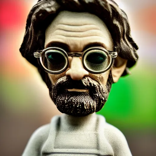 Prompt: close up shot of a pixelated bobble head terence mckenna, depth of field, fstop 1. 3, bokeh