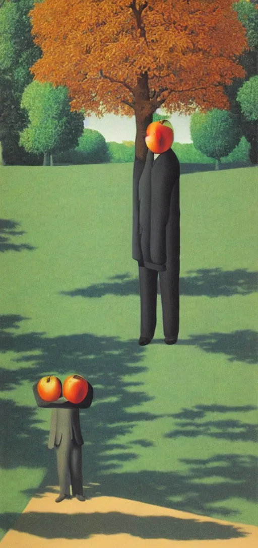 Image similar to Philosopher with apple head walking in the park on an Autumn day by Rene Magritte. Leaves falling. Shadows. Teal color scheme. Powerful sunset.