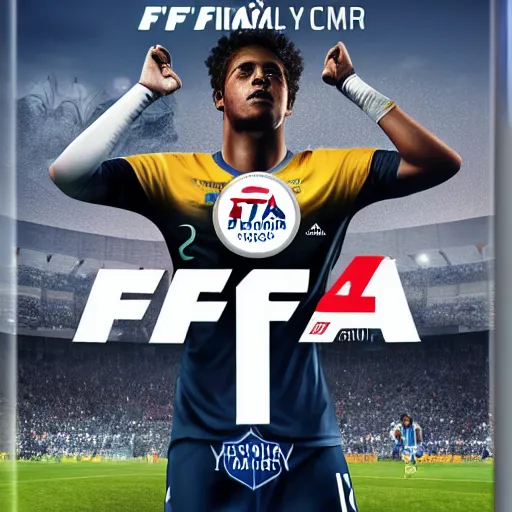 Image similar to the next football superstar from 2034 on the cover of the Fifa game of that very year, high quality very detailed 4k