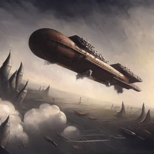 Image similar to a brutalist painting of a large steampunk airship getting shot down in the sky, by charlie bowater, 4 k