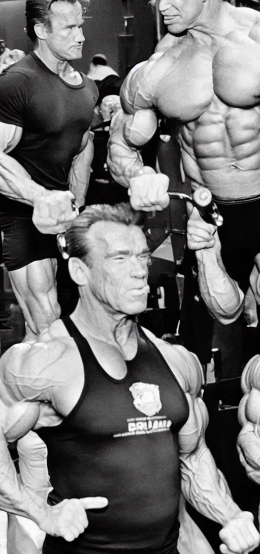 Prompt: Trump pumping iron next to Arnold Schwarzenegger