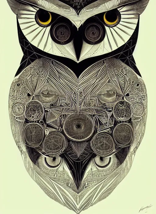 Image similar to portrait of a geometric owl, identical eyes, medium shot, illustration, full body made of white feathers, symmetrical, art stand, super detailed, cinematic lighting, and its detailed and intricate, gorgeous, by peter mohrbacher