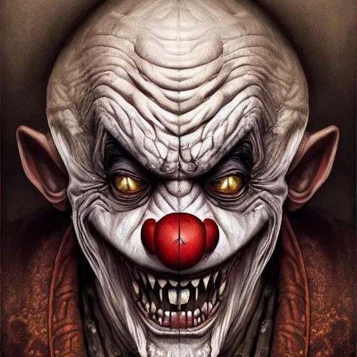 Image similar to digital painting of a wrinkled old scary clown by filipe pagliuso and justin gerard, symmetric, fantasy, highly, detailed, realistic, intricate