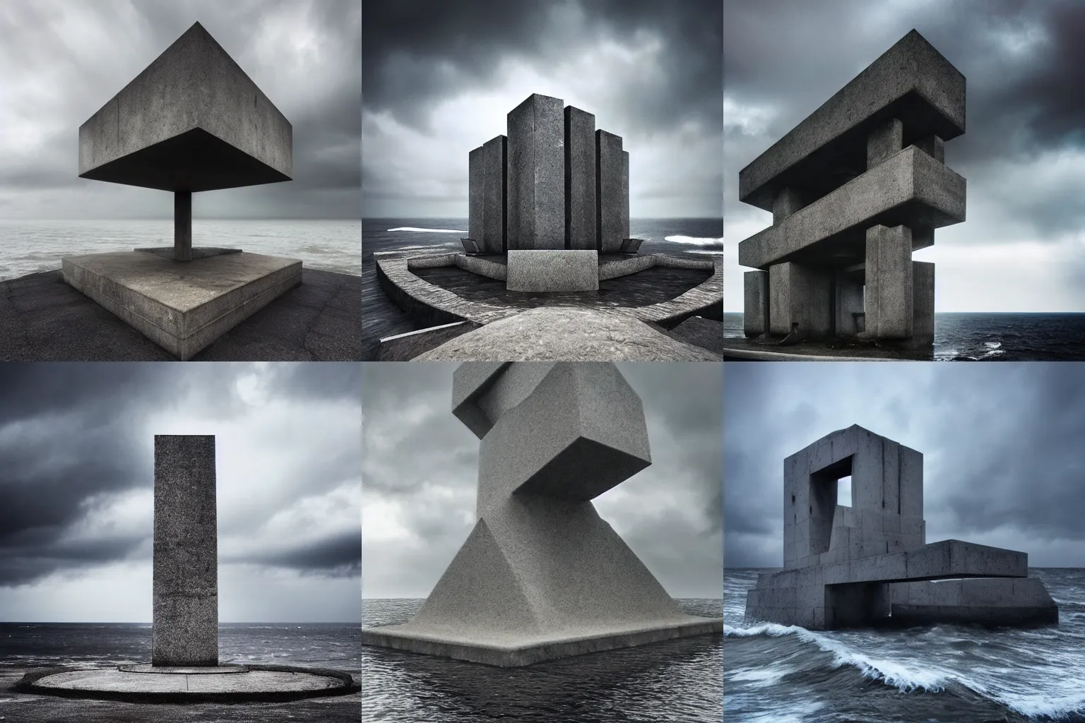 Prompt: a beautiful, photo-realistic, surreal, and mysterious brutalist monument at the ocean under the stormy sky. trending on artstation.