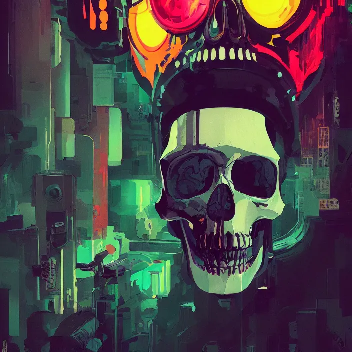 Prompt: a colorful comic noir illustration painting of a cyberpunk skull by sachin teng and sergey kolesov and ruan jia and pascal blanche. in style of chromatic risograph print, sci fi, hyper detailed. octane render. trending on artstation