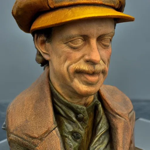 Image similar to hyper realistic closeup bust of a new england fisherman, wearing a yellow fisherman's hat, steve buscemi, painted, colorized, bossons vintage chalkware, by emile renouf