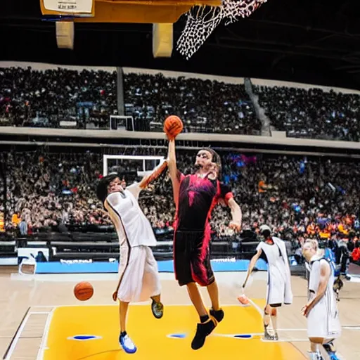 Prompt: a wizard flying through the air playing basketball dunking over a short hobbit whose arms are outstretched pathetically, sports photography