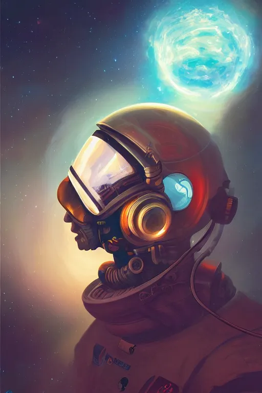 Prompt: a poster design of a close portrait faceless cyberpunk astronaut wearing headphones in space, universe, cyberpunk, warm color, Highly detailed labeled, poster, peter mohrbacher, featured on Artstation