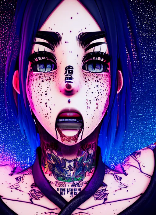 Prompt: portrait of a streetwear anime style woman wearing thick mascara, crying, a city on fire in the background, police lights shine on her face, tattoos, dark glitter, Cinestill 50d, 4k, 8k, hd, full color, octane render, trending on artstation, highly detailed