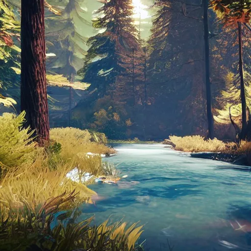 Image similar to a river running through a forest. life is strange 2, beautiful, peaceful, sunflare