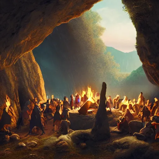 Image similar to medieval people dancing in a cave, there are great crystals on the ground and a campfire, matte painting, 4k, very detailed