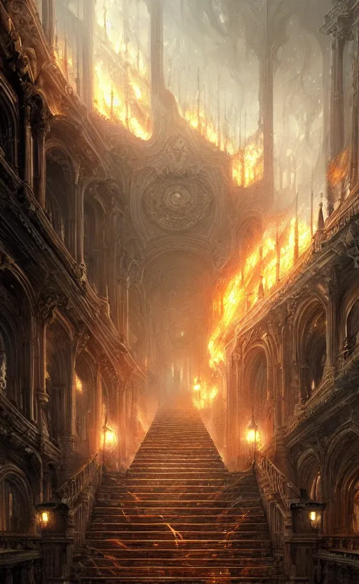 Image similar to stairs from hell to heaven, flames, heavens, paradise, fantasy, hell, beautiful, intricate detail, intricate, epic, vast, digital painting by greg rutkowski, artstation, very detailed, cinematic lighting, concept art