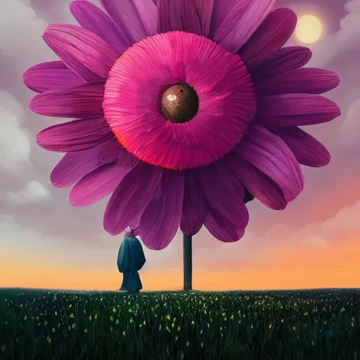 Image similar to giant daisy flower as a head, girl walking in flower field, surreal photography, moon light, dark night, dramatic, impressionist painting, clouds, digital painting, artstation, simon stalenhag