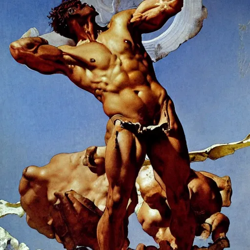 Image similar to Ripped Physique Tragic Portrait of Phaethon the Roman Demigod Son of Helios losing control of the reins of the chariot chariot that is the sun careening through the zodiac filled stratosphere. norman rockwell guillem h. poniluppi howard pyle Ilya Repin Michelangelo Buonarotti Leonardo Da Vinci rodin greg rutkowski james gurney. tombow masterpiece fresco watercolor grisaille Trompe-lœil