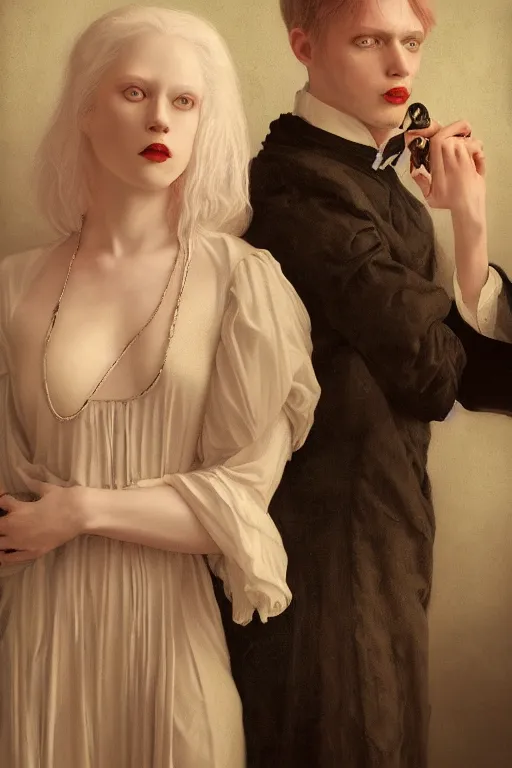 Image similar to a portrait of handsome young male albino Satan and his elegant beautiful albino wife, bored, illustration, dramatic lighting, soft details, painting oil on canvas, art nouveau, octane render, HDR, 4k, 8k, HD, by Edmund Blair Leighton, Brom, Charlie Bowater, trending on artstation, faces by Tom Bagshaw, Sargent