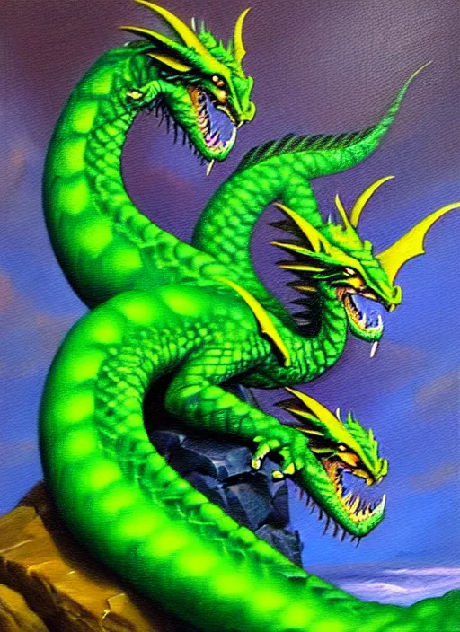 Prompt: “oil painting of green dragon with pointed tail sitting on a rocky outcropping in the style of Darrell K. Sweet”