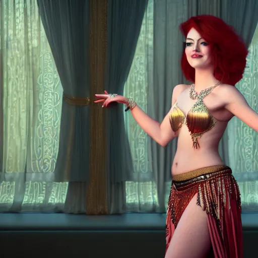 Prompt: a photorealistic portrait of actress emma stone dressed as a belly dancer, arabian night, volumetric lightening, octane render, high quality, fully detailed, 4 k, in focus sharp face with fine details, five human fingers, well structured hands, inspired by belly dancer on youtube, alphonse mucha, masterpiece, stunning