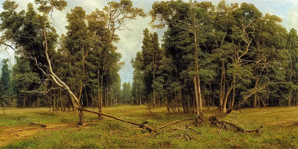 Prompt: lightning strikes a tree in the middle of a field, painting By Ivan Shishkin,