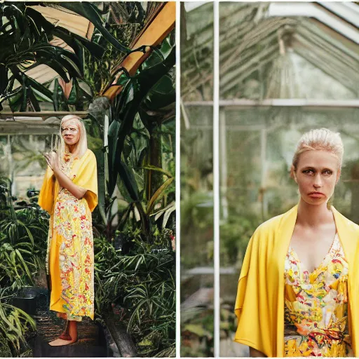 Prompt: head to waist medium format portrait photograph of an elegant blond woman wearing a yellow kimono in a tropical greenhouse. looking at the camera!!. super resolution. 85 mm f1.8 lens.bokeh.graflex. Alessio albi