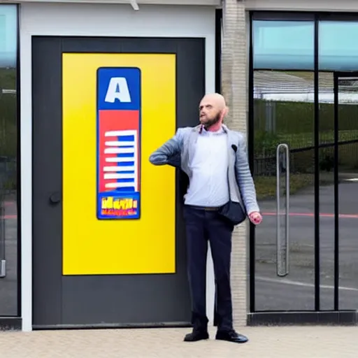 Image similar to a man terrified of entering an aldi supermarket, photo realistic