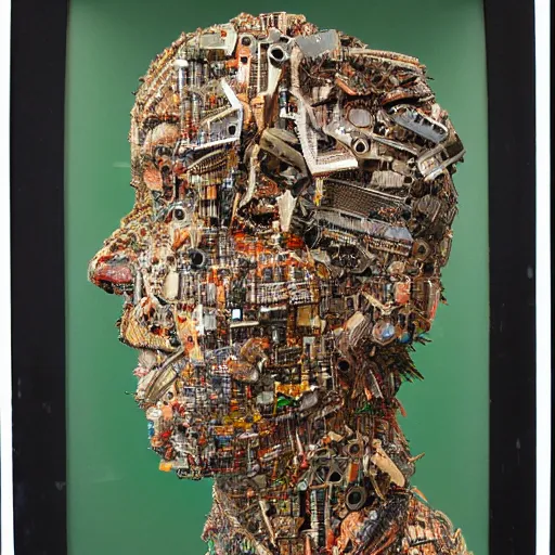 Prompt: portrait photo of a man made from computer parts, Perfect face, extremely high details, realistic, by Giuseppe Arcimboldo, Edward Hopper, Rene Margitte