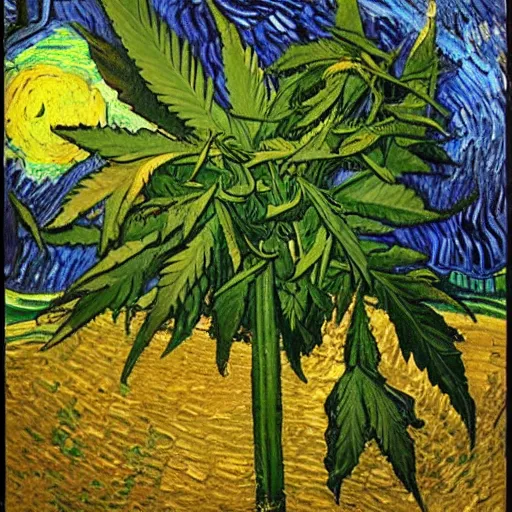 Prompt: jesus spreads his hands against the background of growing cannabis. an oil painting in the style of van gogh