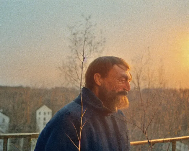 Image similar to award - winning lomographic tarkovsky film still of 4 0 years russian man with beard and sweater standing on small hrushevka 9 th floor balcony in taiga looking at sunset, cinestill, bokeh