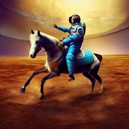 Prompt: photograph of an astronaut riding a horse, hyperealistic, art station