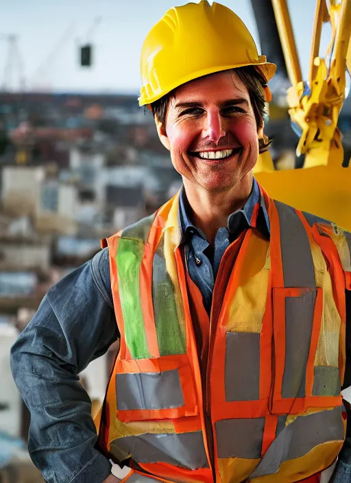 Image similar to closeup portrait of cheerful tom cruise as a crane operator, yellow hardhat, sitting in a crane, natural light, bloom, detailed face, magazine, press, photo, steve mccurry, david lazar, canon, nikon, focus