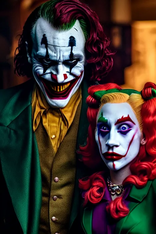 Image similar to joaquin phoenix joker with harley queen lady gaga, photorealistic, smooth, 4 k, aesthetic lighting, baroque object, sharp focus, hyperdetailed, professional photography, pullitzer winning, 8 0 0 photo by : canon eos 5 d mark iv, by karah mew and adnan abidi and jodie bateman