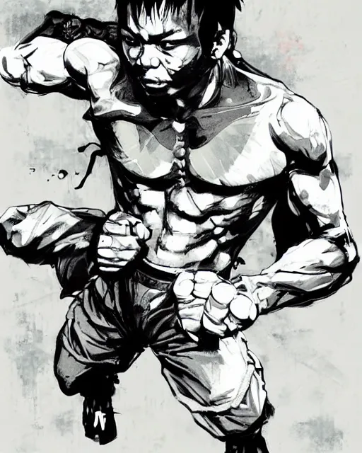Image similar to Tony Jaa getting ready to fight in the style of Yoji Shinkawa, in the style of leonard boyarsky, detailed illustration