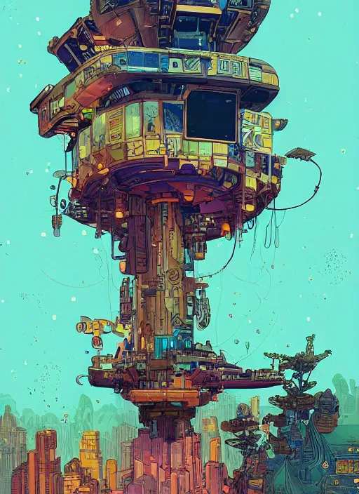 Image similar to explorer with cyberpunk headpiece playing video games in his treehouse, highly detailed, 4 k, midnight, by victo ngai and james gilleard, moebius, laurie greasley, adventure time colour palette