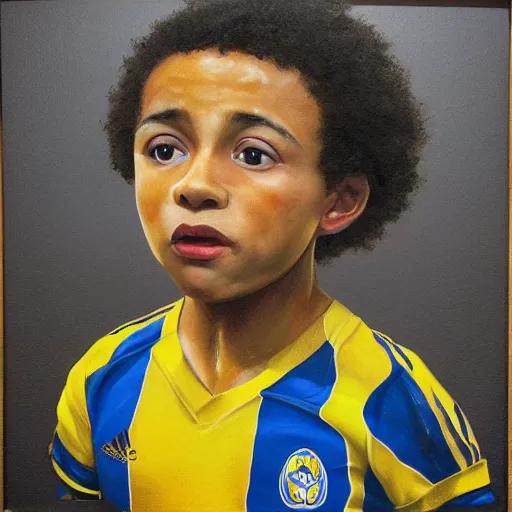 Image similar to small mixed race child being told he isnt good enough to play for leeds. art station, highly detailed portrait