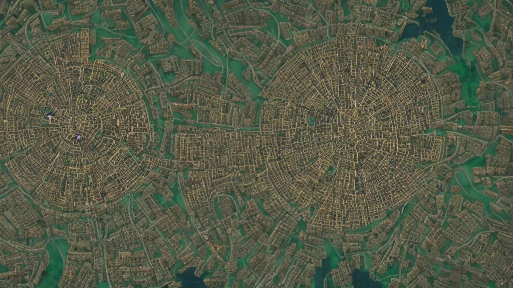 Image similar to a overhead map of a large holy city with a large tower in the center surrounded by rivers and a forest, trending on artstation