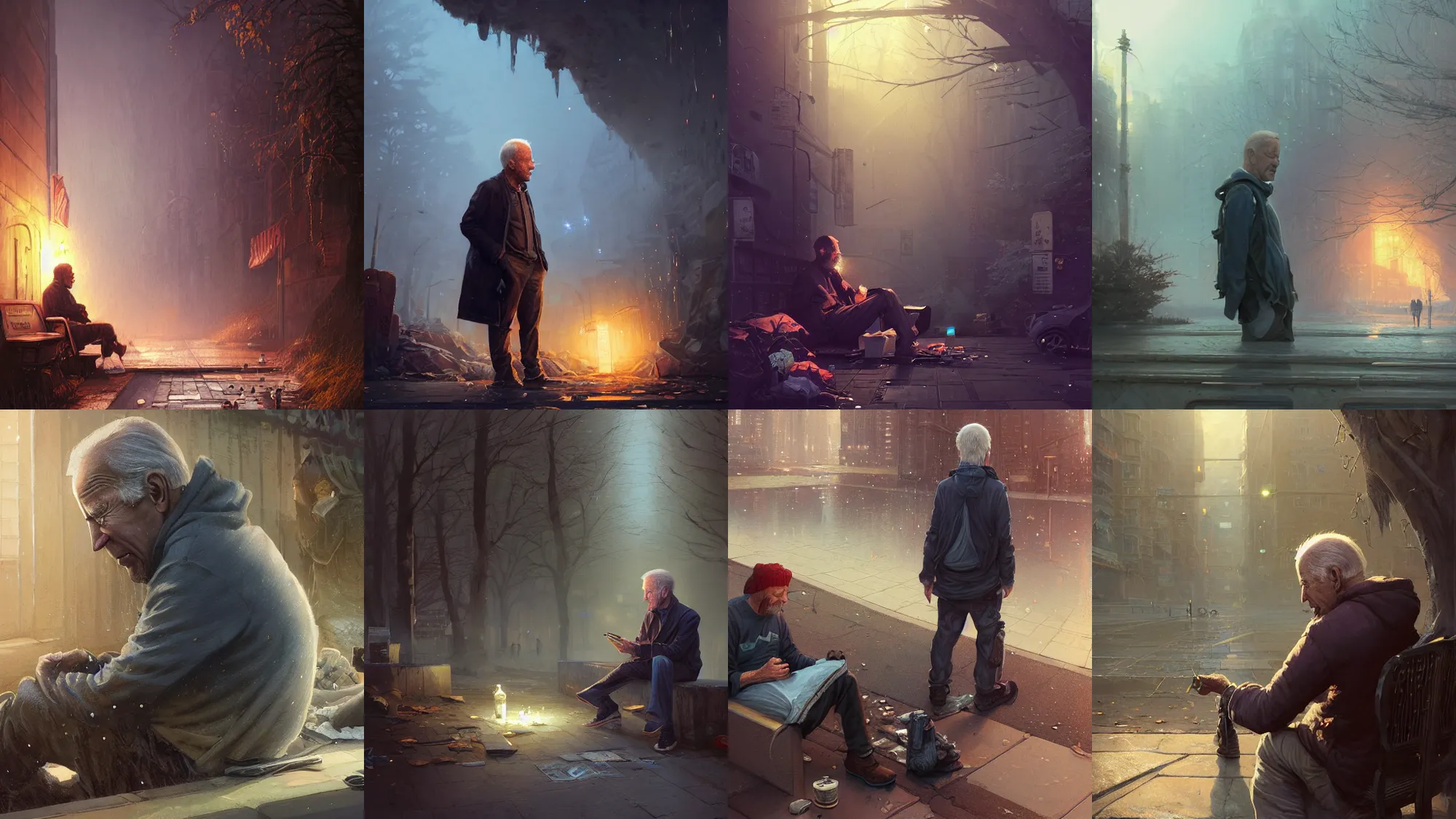 Prompt: highly detailed portrait of joe biden as a homeless, talking to himself, stephen bliss, unreal engine, fantasy art by greg rutkowski, loish, rhads, ferdinand knab, makoto shinkai and lois van baarle, ilya kuvshinov, rossdraws, tom bagshaw, global illumination, radiant light, detailed and intricate environment