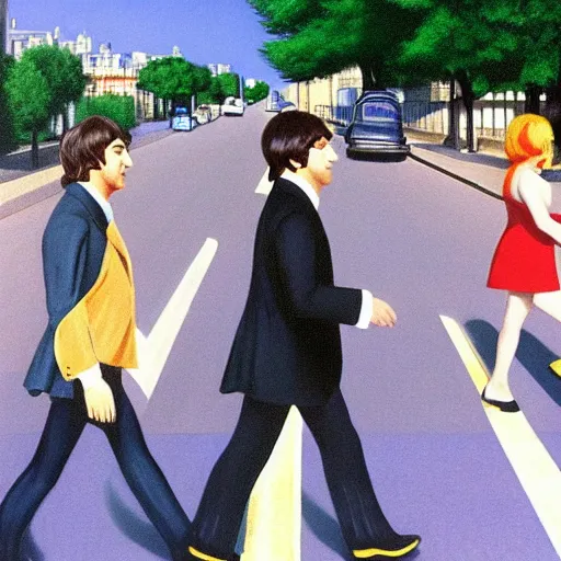 Image similar to beatles walk across the road by Raphael, Hopper, and Rene Magritte. detailed, romantic, enchanting, trending on artstation.