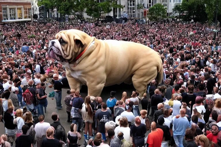 Image similar to a crowd of people surrounding a giant bulldog and the bulldog is five times larger then the people