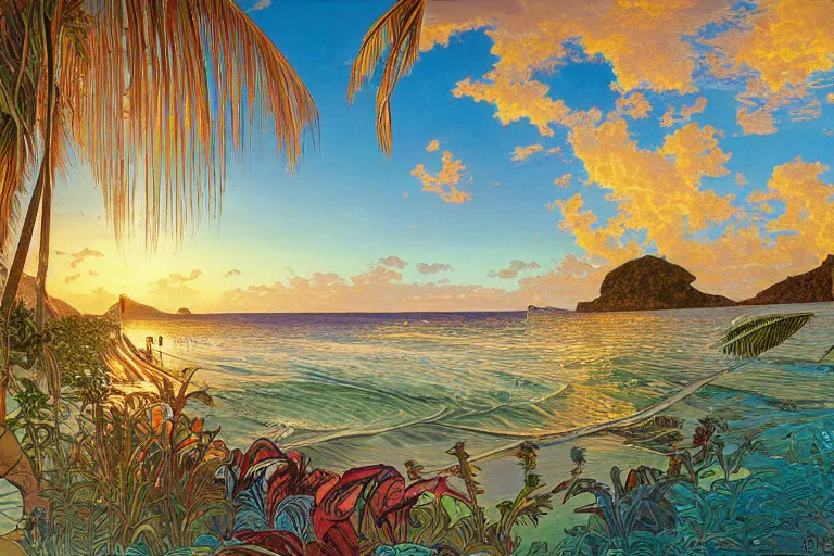 Prompt: a beautifully detailed painting of a caribean tropical shoreline, tranquil waters, sunset, hyperdetailed, worth1000.com, by Dan Mumford, by Alphonse Mucha, artgerm, cgsociety, serenity
