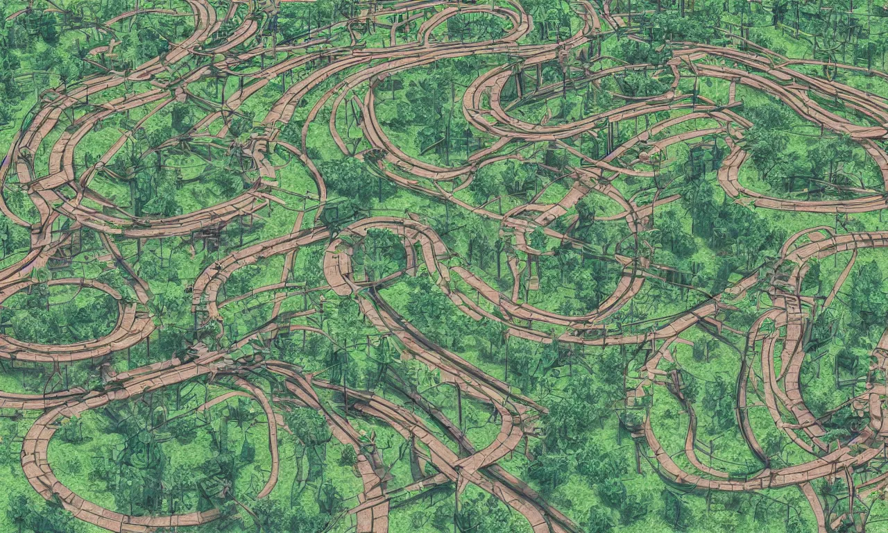 Prompt: english park maze ancient train pathways, digital art, 3d, illustration