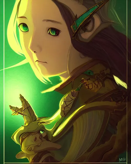 Image similar to DnD character art of rhiannon by hayao miyazaki, digital illustration, green and gold and brown palette, cinematic lighting