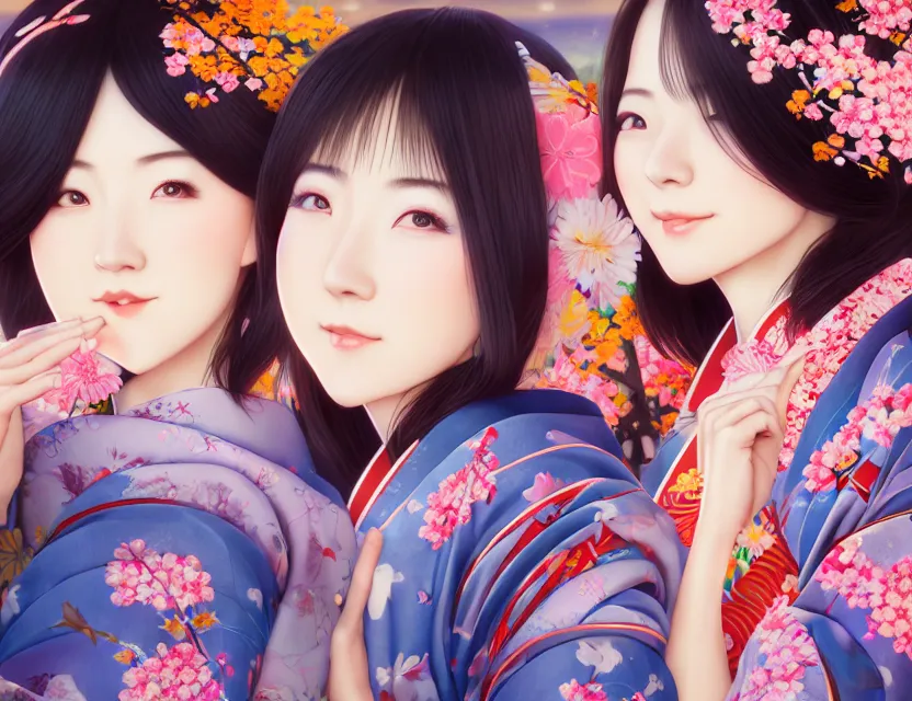 Image similar to two beautiful charming japan girls wear arty kimono in festival | | sunny night, full moon, dreamlike art, realistic shaded, smile, good looking, hyper details, 4 k realistic, cryengine, realistic shaded lighting poster by ilya kuvshinov, fuji choko, ross tran, 8 k resolution, trending on artstation, luxury