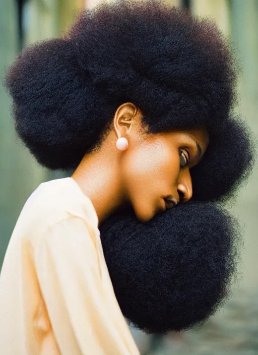 Prompt: kodak portra 4 0 0 photography of side profile of a bautiful woman with a big nose, glossy lips, afro hair style