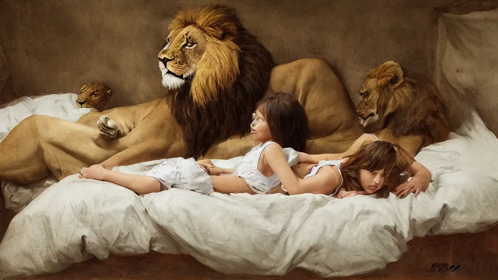 Image similar to girl lying next to a lion and a stork in a bed under white bed sheets, by guillermo lorca