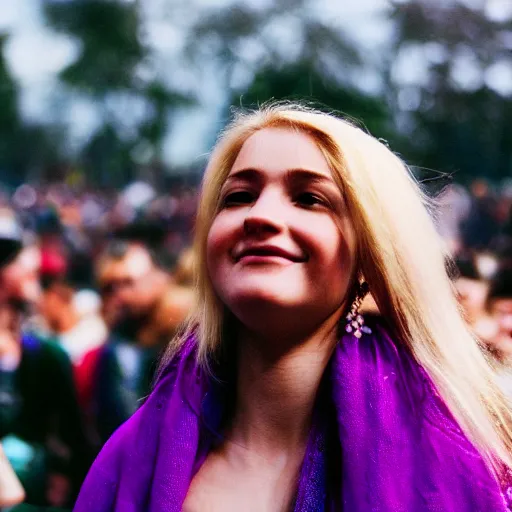 Image similar to ultra high resolution close - up of a very beautiful young woman with blond long hair, making up, standing in crowd of music festival, looking down at the camera. her face is partially obscured by a purple scarf, and she has a lovely smiling expression. the light is dim, and the colours are muted. kodak etkar 1 0 0.