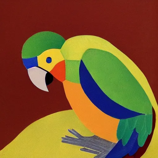 Prompt: parrot made of lemon sitting in the armchair made of avocado in cubism style