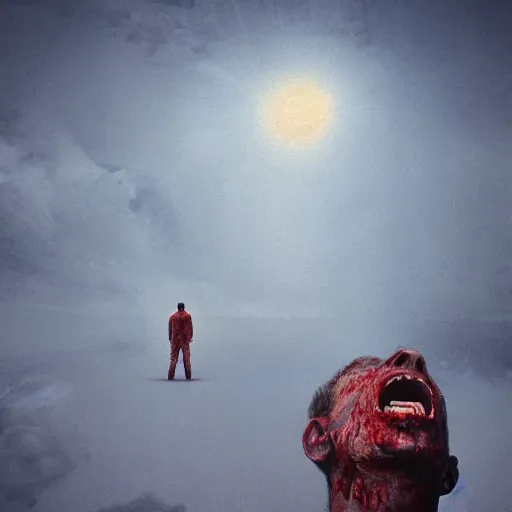 Image similar to man screaming at the bloody sky, digital art, redshift render, Beksinski style